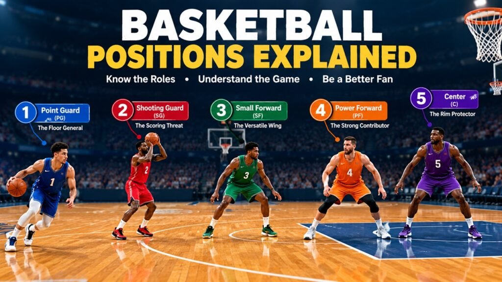 Five basketball positions explained on a basketball court, from point guard to center.