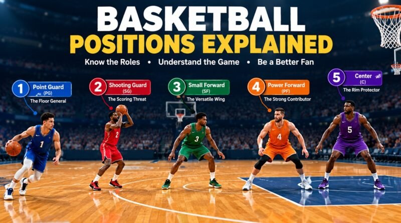 Five basketball positions explained on a basketball court, from point guard to center.