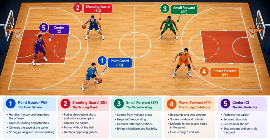 Basketball court diagram showing the five positions: point guard, shooting guard, small forward, power forward, and center