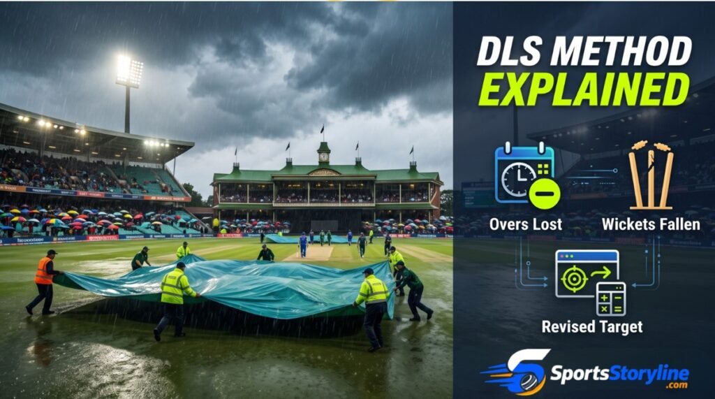 Cricket match interrupted by rain, explaining the DLS method